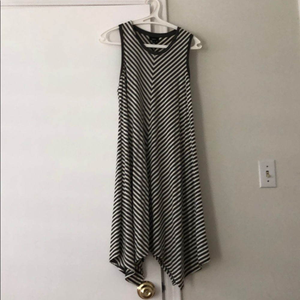 Olive green and white stripe trapeze dress.